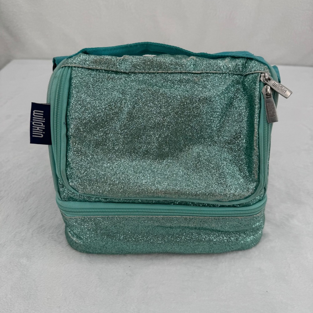 Wildkin Kids Two Compartment Insulated Lunch Bag Teal Aqua Glitter Shimmer Used